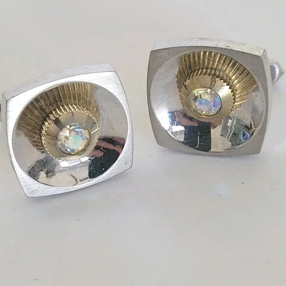 Silver Tone Logo Cufflinks Vintage Square Retro Circonia Space Age Mid Century